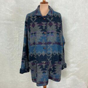 Vintage 90s Lands' End Gray Blue Southwestern Wool Blend Chore Jacket L (14-16)